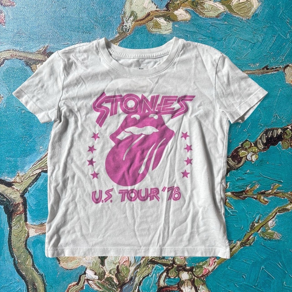 GAP Kids White Tee with Pink Rolling Stones Print